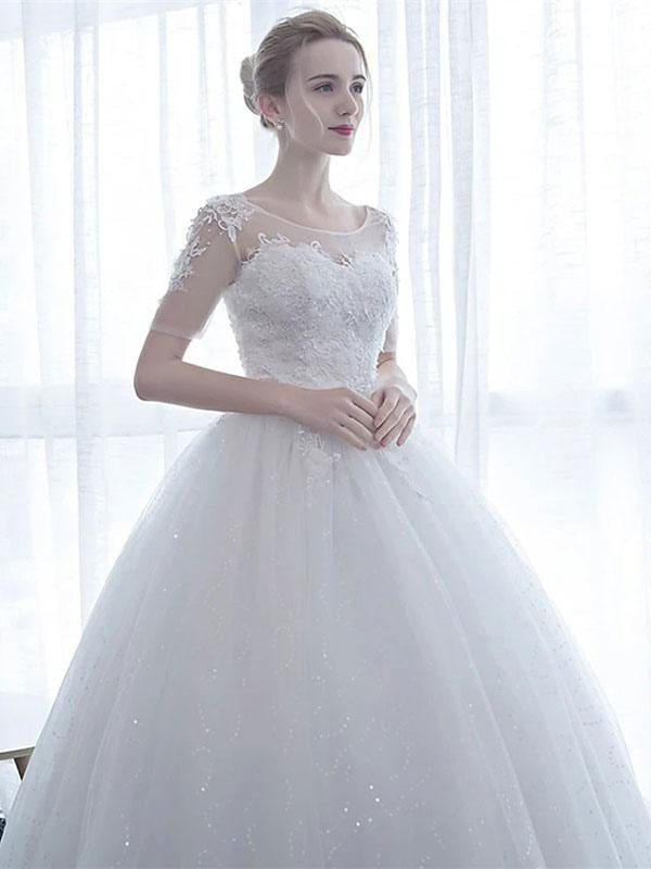 Wedding Dresses White Off The Shoulder Short Sleeves Tulle Floor Length Bride Dresses