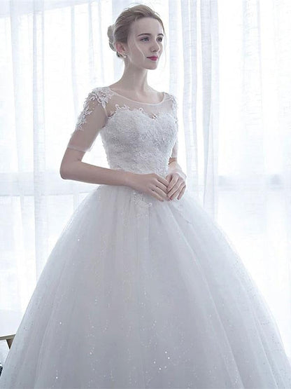 Wedding Dresses White Off The Shoulder Short Sleeves Tulle Floor Length Bride Dresses