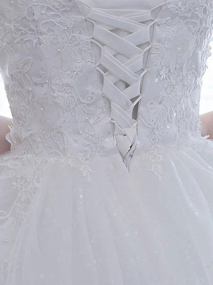 Wedding Dresses White Off The Shoulder Short Sleeves Tulle Floor Length Bride Dresses