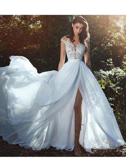 Wedding Dresses With Court Train A-Line Sleeveless Applique Illusion Neckline Bridal Gowns