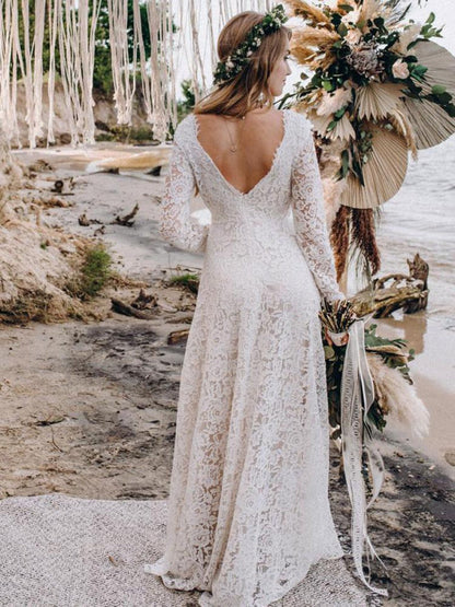 Wedding Gowns With Train V-Neck Long Sleeves Floor-Length Ivory Lace Bridal Gowns