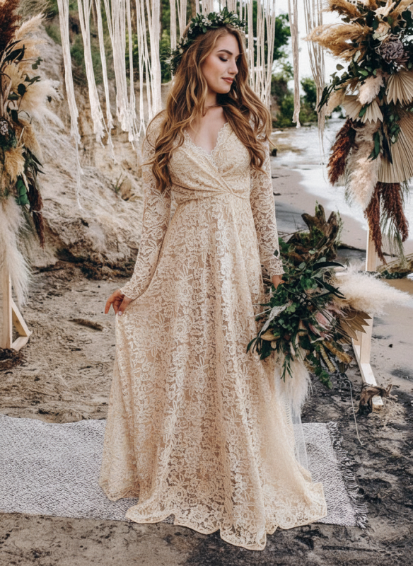 Wedding Gowns With Train V-Neck Long Sleeves Floor-Length Ivory Lace Bridal Gowns