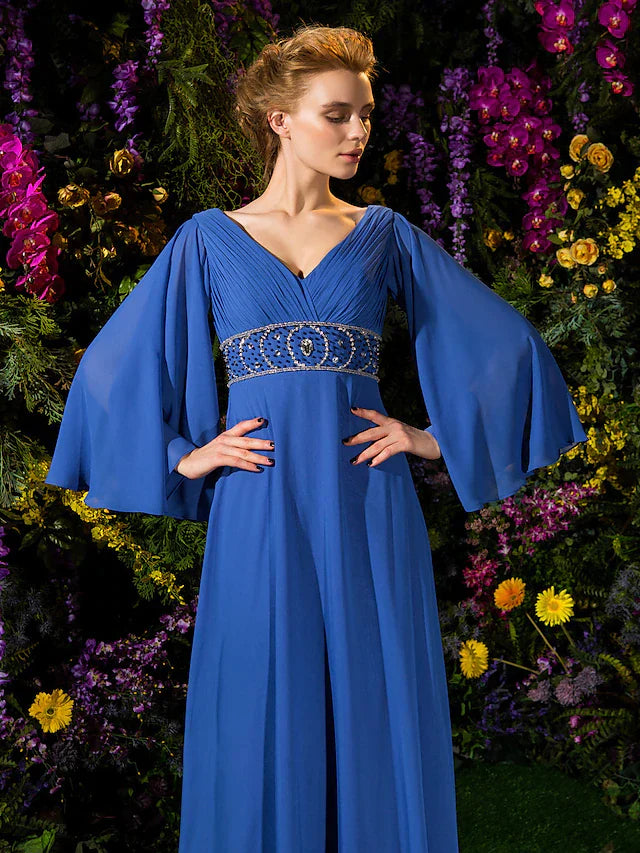 A-Line Mother of the Bride Dress Vintage Inspired V Neck Floor Length Chiffon Long Sleeve with Crystals Beading Side Draping