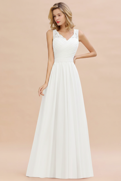 Modest Floral Lace A-line Bridesmaid Dress V-Neck Ruched Chiffon Wedding Guest Dress