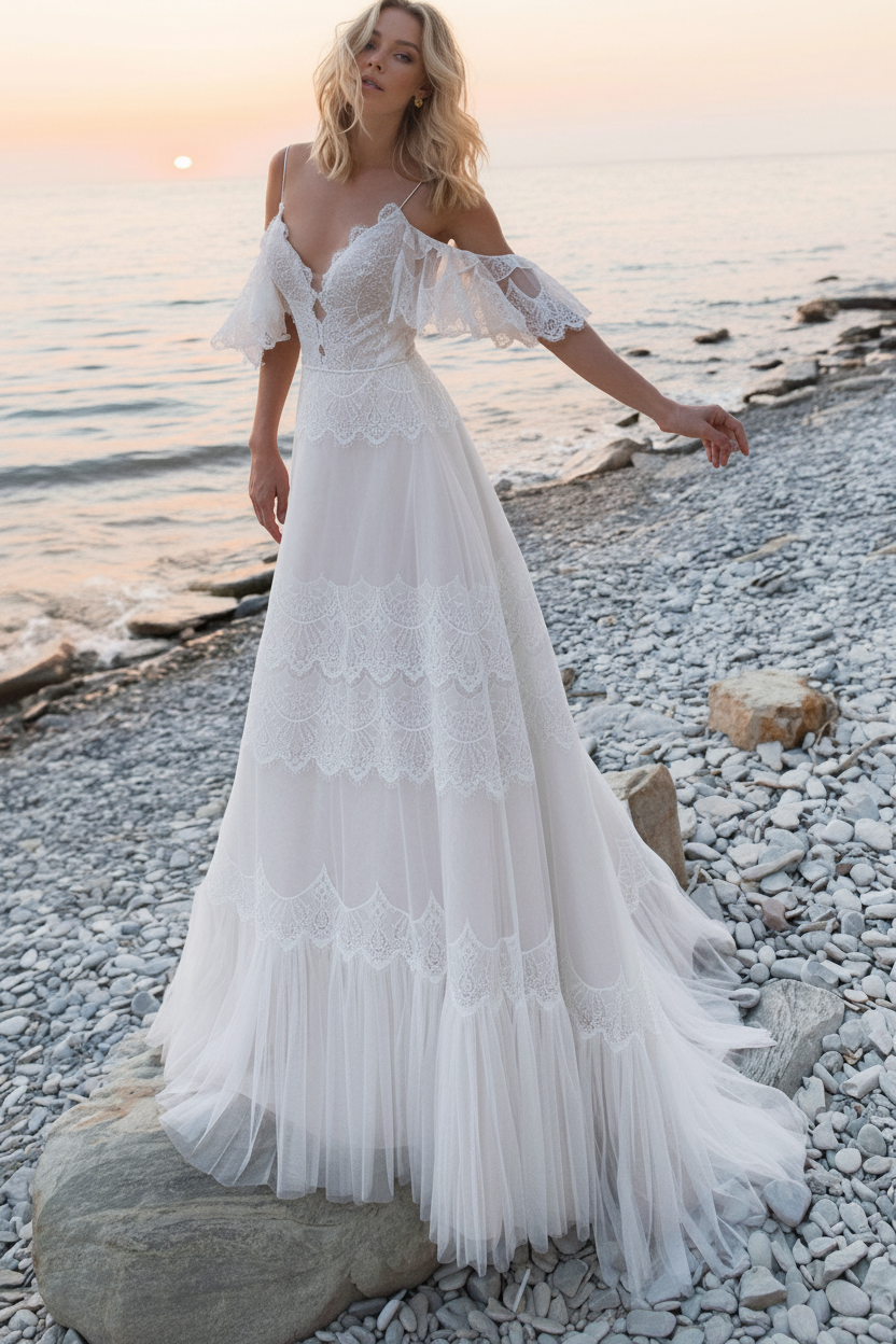 Deep V Neck A Line Boho Wedding Dresses Lace Short Sleeve Bridal Gown With Sweep Train