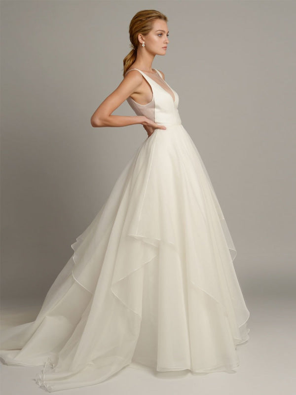 White A-Line Wedding Dresses Sleeveless Tiered V-Neck Long Bridal Dresses