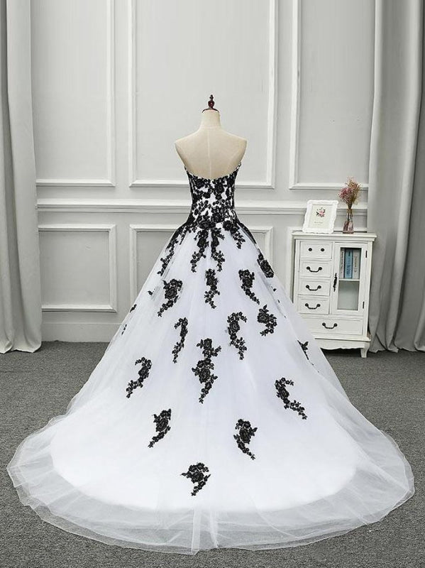 White and Black Ball Gown Gothic Wedding Dress