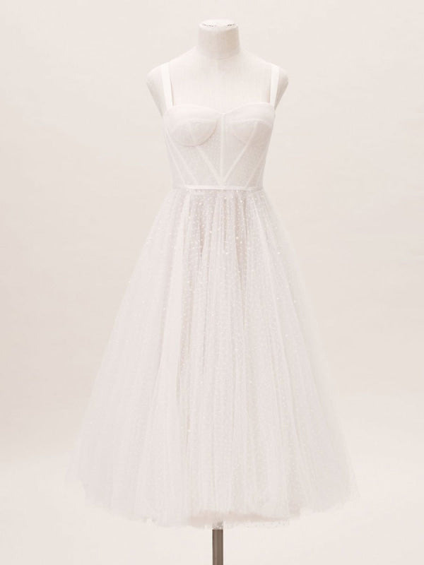 White Short Bridal Dress A-Line Sweetheart Pearls Tea Length Wedding Dress Spaghetti Straps