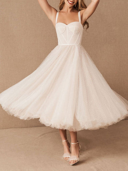 White Short Bridal Dress A-Line Sweetheart Pearls Tea Length Wedding Dress Spaghetti Straps