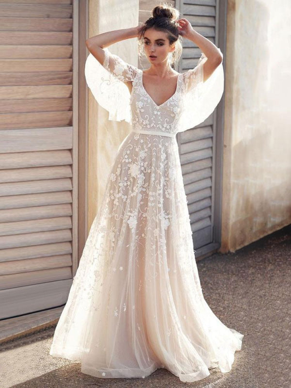 White Lace Wedding Dress V Neck A-Line Wedding Dress Short Sleeves Backless Bridal Dresses