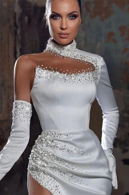 White Halter Mermaid Prom Dress Pleats Beadings Evening Dress with High Slit