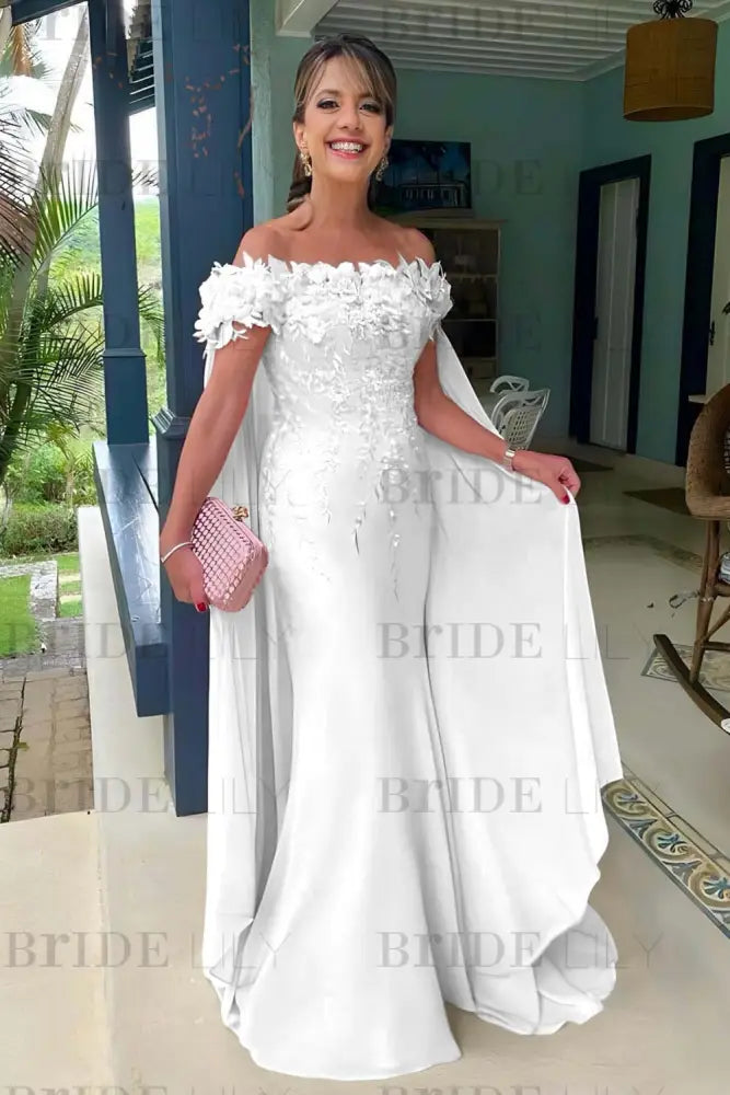 Off-The-Shoulder Mermaid Chiffon Wedding Guest Dresses Long with Appliques
