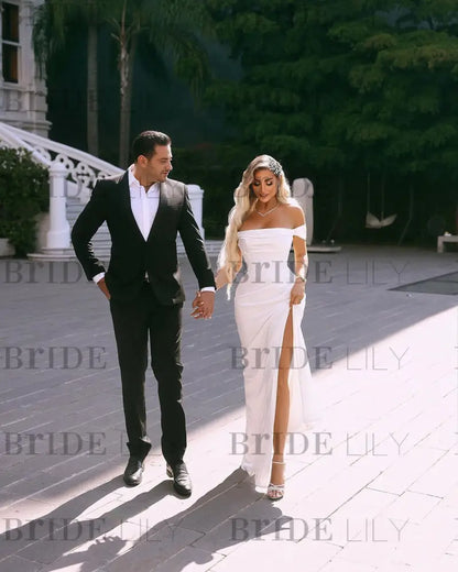 White Off-the-Shoulder Satin Prom Dress Ruffle with High Slit