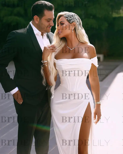 White Off-the-Shoulder Satin Prom Dress Ruffle with High Slit