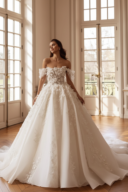 Beautiful Off-the-Shoulder Aline Wedding Dress Lace Appliques Ball Gown