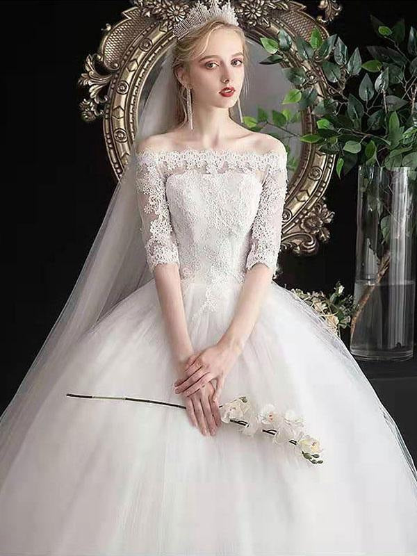 White Off The Shoulder Wedding Dresses Half Sleeves Ball Gown Tulle Lace Up Floor Length Bride Dresses