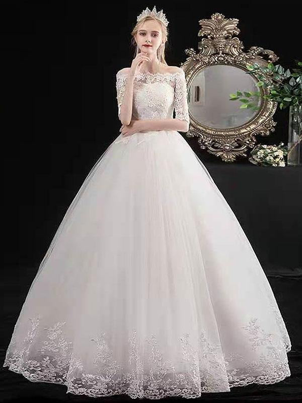White Off The Shoulder Wedding Dresses Half Sleeves Ball Gown Tulle Lace Up Floor Length Bride Dresses