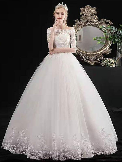 White Off The Shoulder Wedding Dresses Half Sleeves Ball Gown Tulle Lace Up Floor Length Bride Dresses