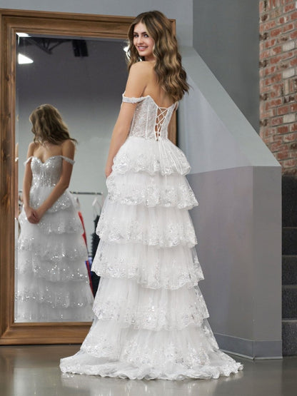 White Princess A Line Off the Shoulder White Corset Prom Dress with Lace Ruffles
