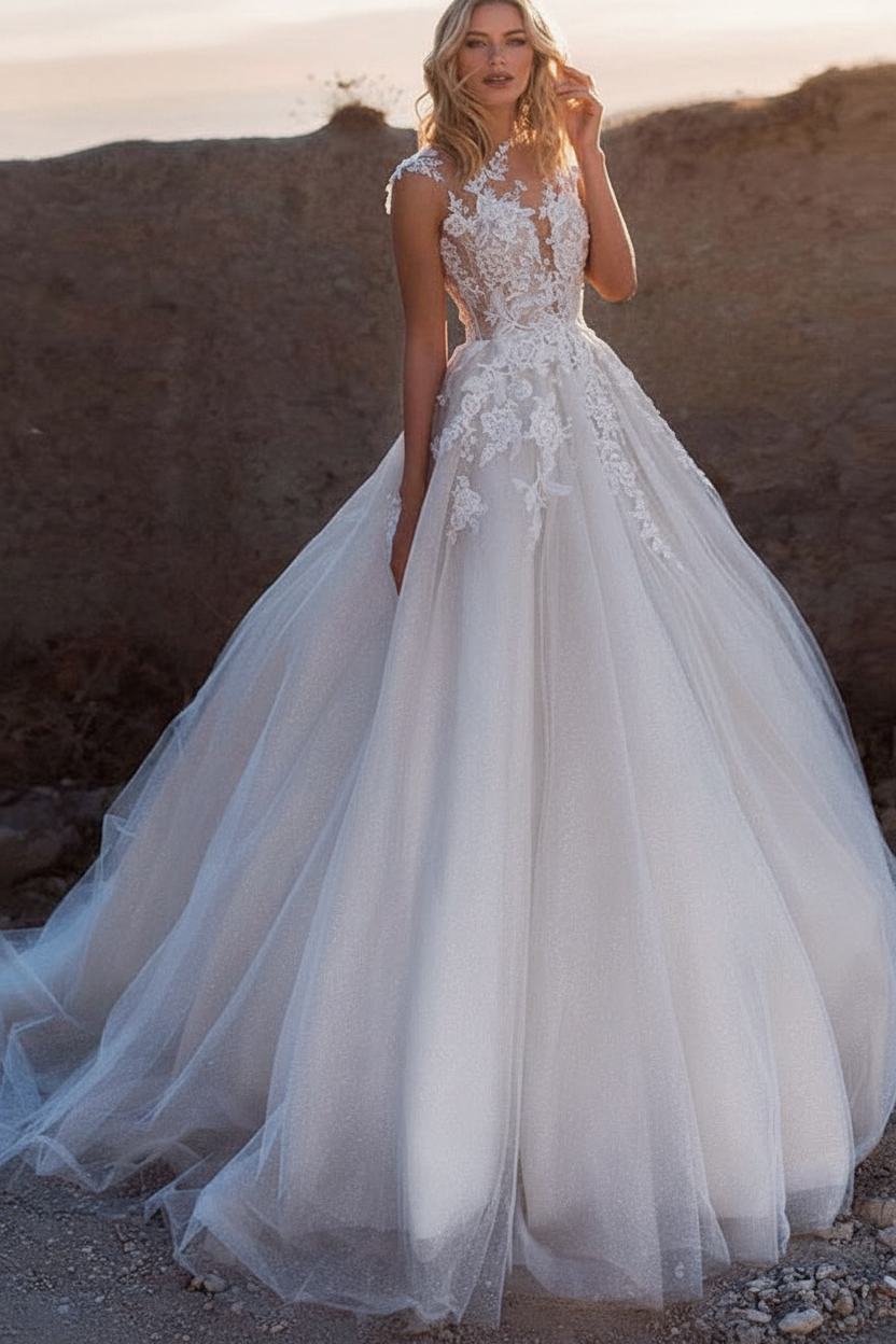 Princess Wedding Dresses Jewel Neck Sleeveless Lace Soft Tulle Bridal Gowns