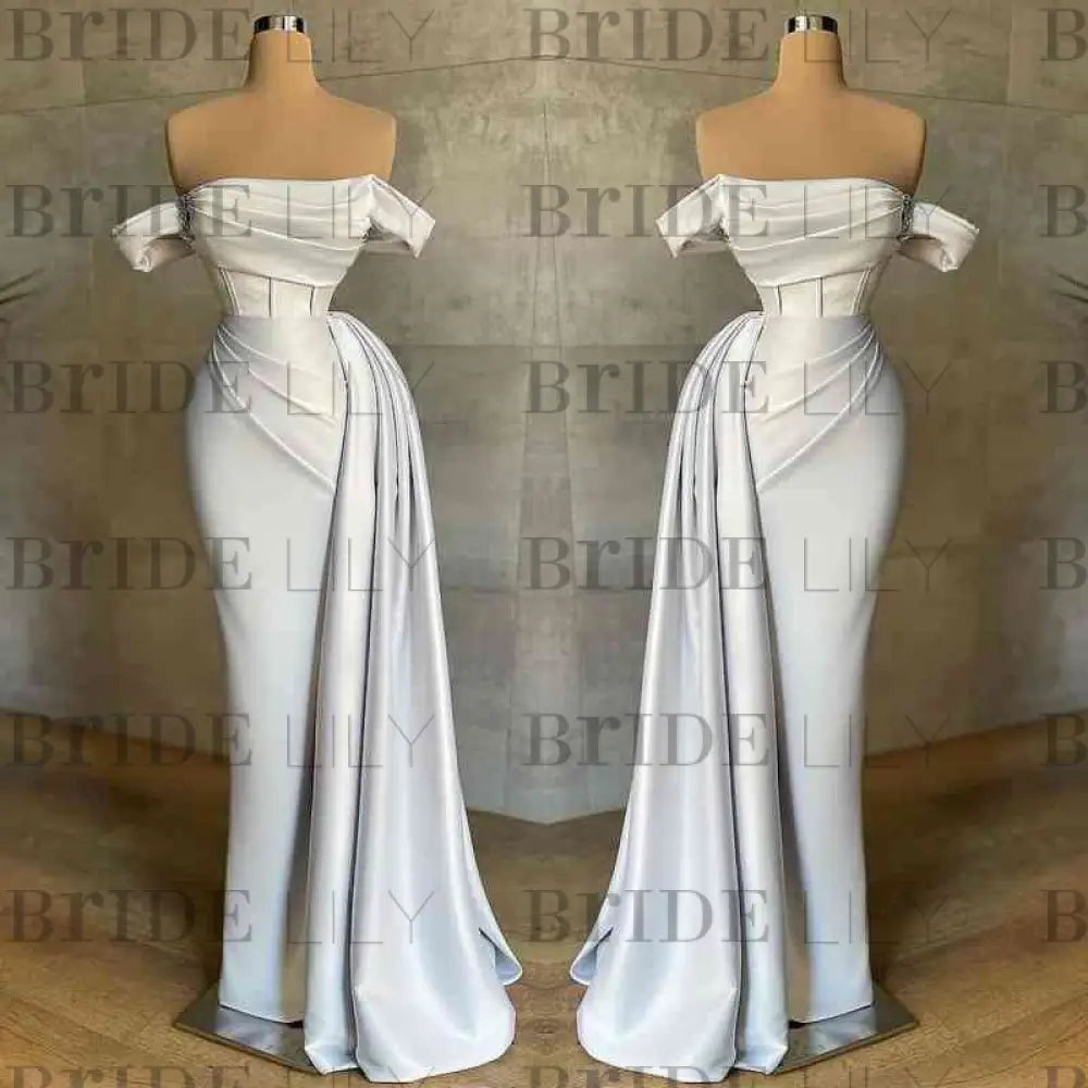 White Prom Dress Sleeveless Elegant Pleated Off-the-Shoulder Satin Evening Dress