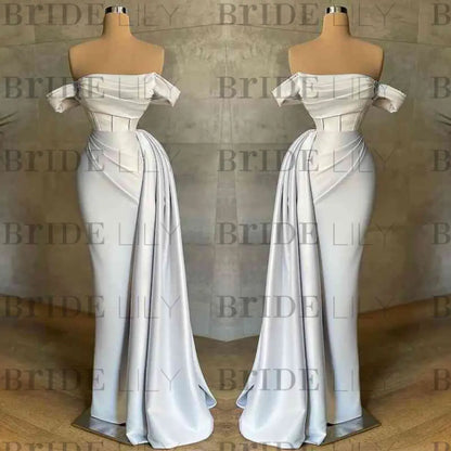 White Prom Dress Sleeveless Elegant Pleated Off-the-Shoulder Satin Evening Dress