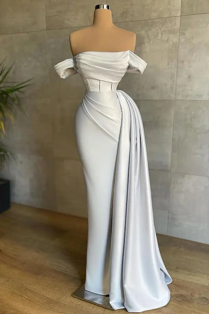 White Prom Dress Sleeveless Elegant Pleated Off-the-Shoulder Satin Evening Dress