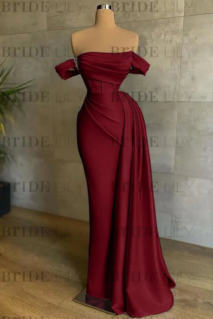 White Prom Dress Sleeveless Elegant Pleated Off-the-Shoulder Satin Evening Dress