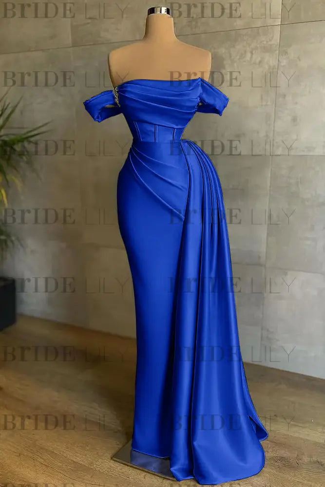 White Prom Dress Sleeveless Elegant Pleated Off-the-Shoulder Satin Evening Dress