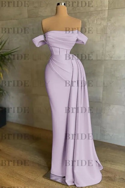 White Prom Dress Sleeveless Elegant Pleated Off-the-Shoulder Satin Evening Dress