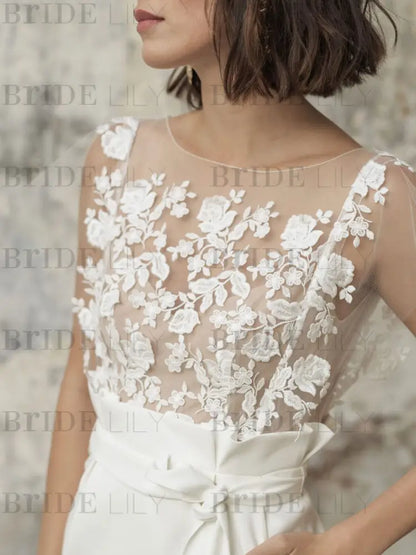 White Short Wedding Dresses Illusion Jewel Neck Short Sleeves Sheath Lace Bows Cut-Outs Ruffles Bridal Dresses