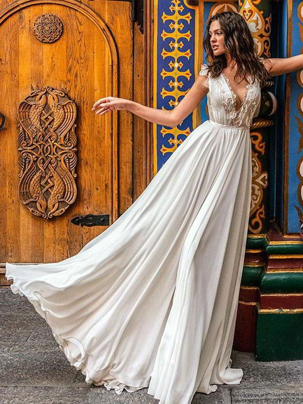 White Simple Wedding Dress A-Line Court Train V-Neck Natural Waistline Sleeveless Chiffon Lace Bridal Dresses
