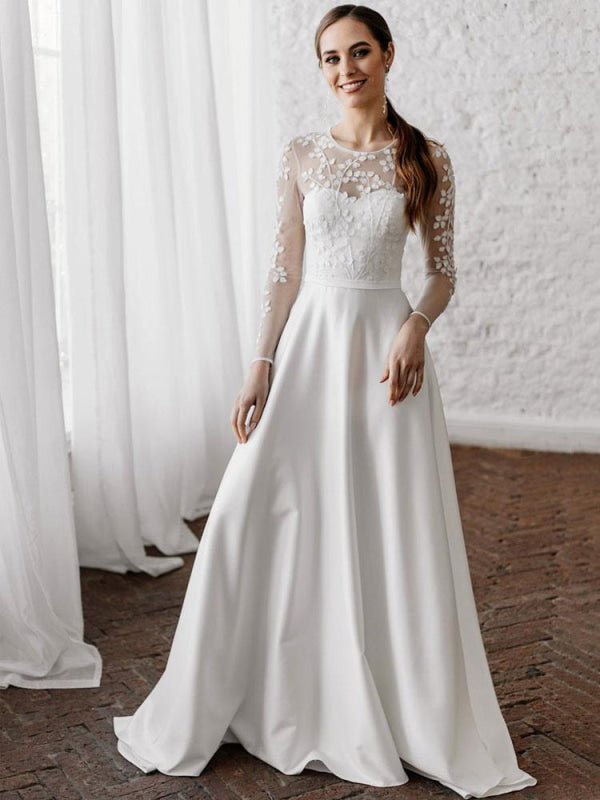 White Simple Wedding Dress A-Line Long Sleeves Pearls Lace Bridal Gowns