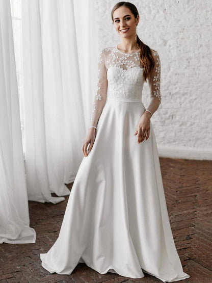 White Simple Wedding Dress A-Line Long Sleeves Pearls Lace Bridal Gowns