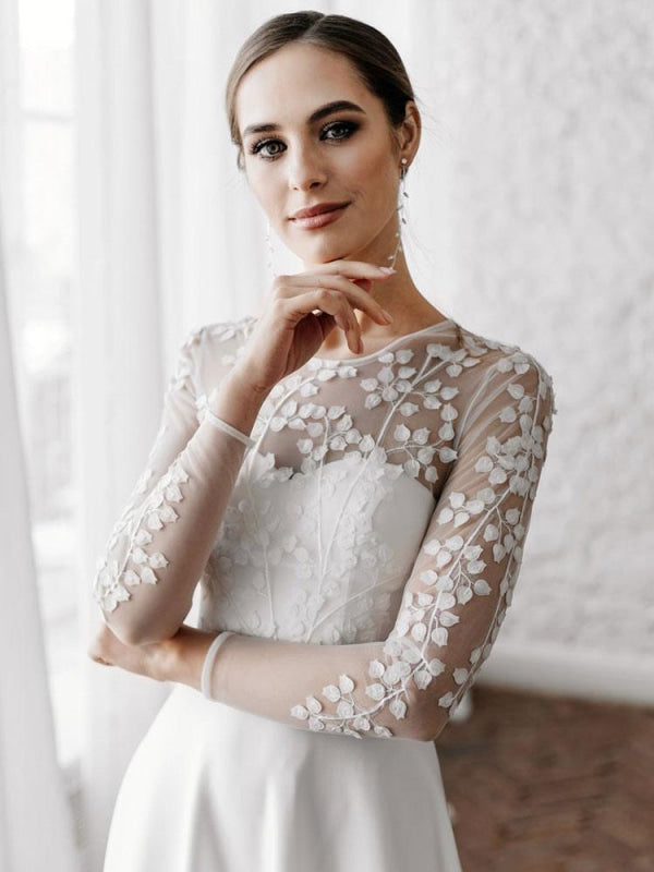 White Simple Wedding Dress A-Line Long Sleeves Pearls Lace Bridal Gowns