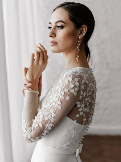 White Simple Wedding Dress A-Line Long Sleeves Pearls Lace Bridal Gowns