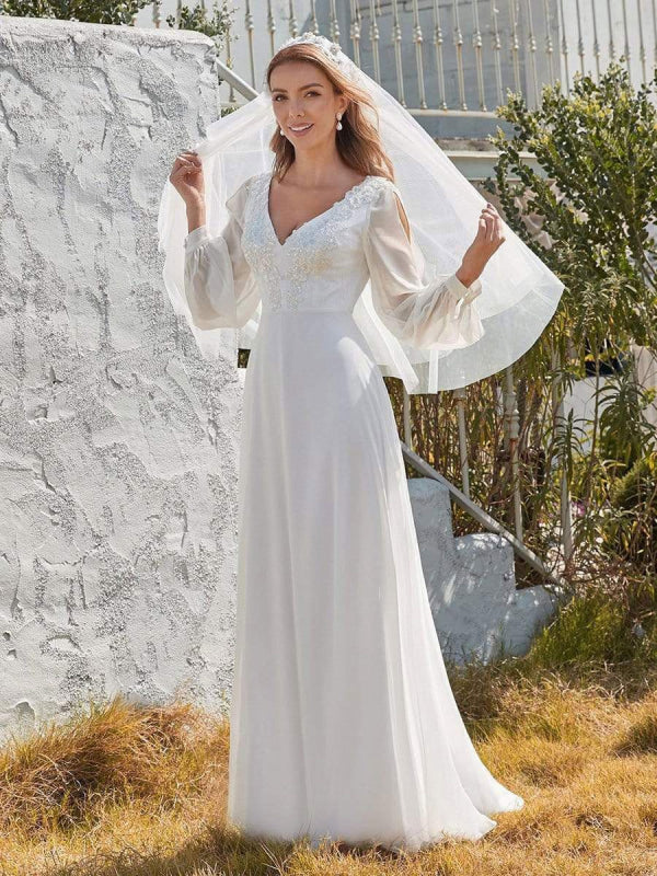 White Simple Wedding Dress A-Line V-Neck Long Sleeves Natural Waist Chiffon Long Bridal Dresses