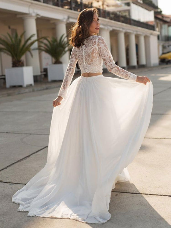 White Simple Wedding Dress Chiffon V-Neck Long Sleeves A-Line Split Lace Bridal Gowns