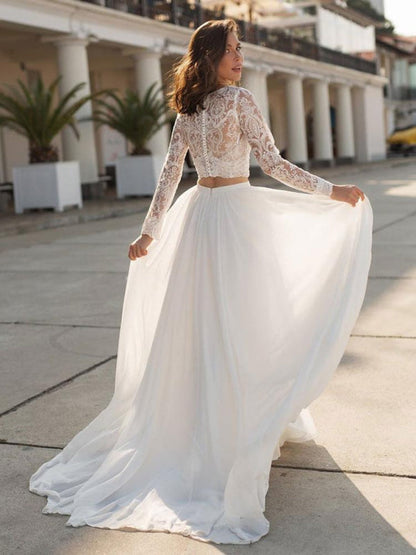 White Simple Wedding Dress Chiffon V-Neck Long Sleeves A-Line Split Lace Bridal Gowns