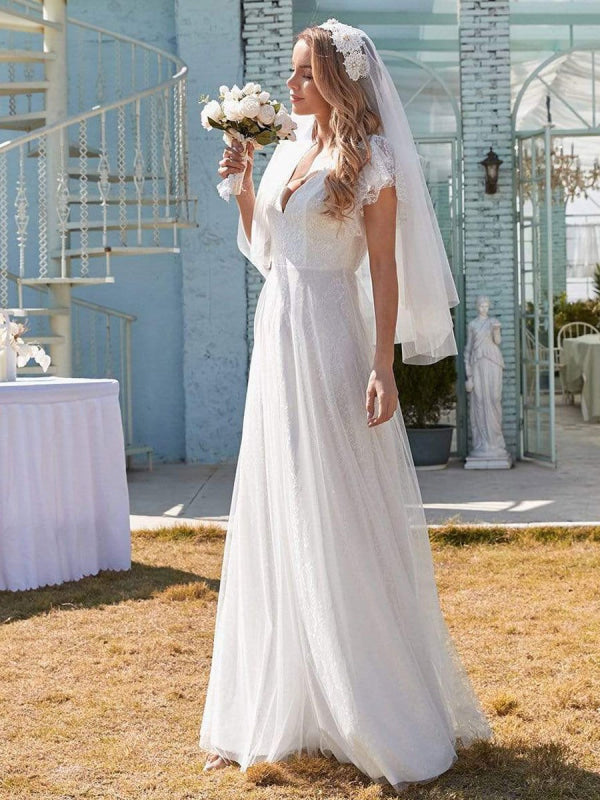 White Simple Wedding Dress Lace V-Neck Short Sleeves Backless Ruffles A-Line Natural Waist Long Bridal Gowns