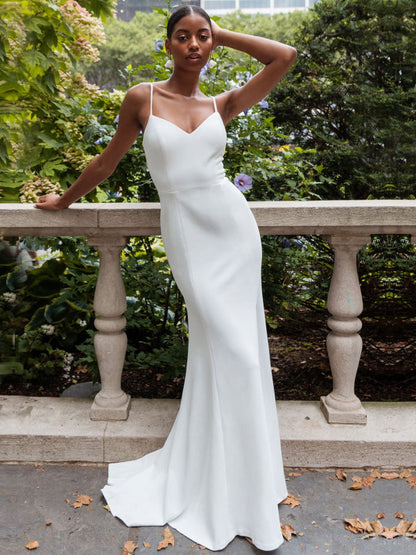 White Simple Wedding Dress Mermaid V-Neck Sleeveless Spaghetti Straps Satin Split Front Bridal Gowns