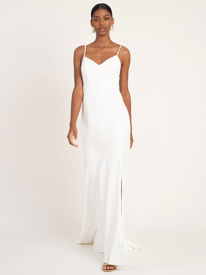 White Simple Wedding Dress Mermaid V-Neck Sleeveless Spaghetti Straps Satin Split Front Bridal Gowns