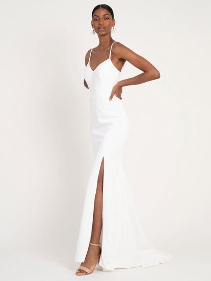 White Simple Wedding Dress Mermaid V-Neck Sleeveless Spaghetti Straps Satin Split Front Bridal Gowns