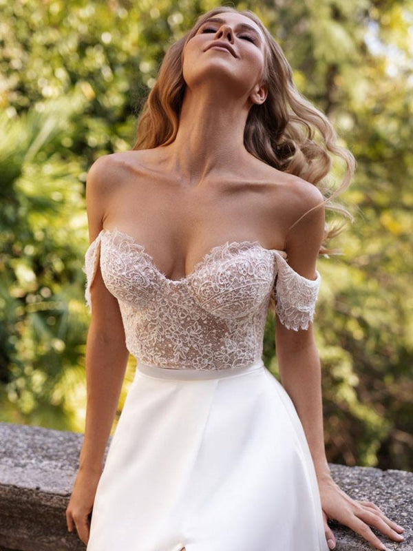 White Simple Wedding Dress Satin Strapless Sleeveless A-Line Off The Shoulder Long Bridal Dresses