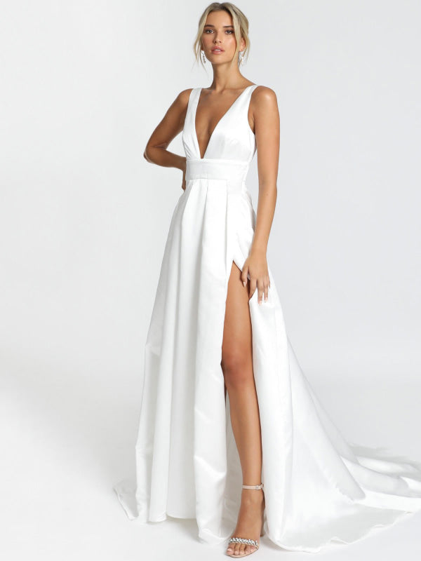 White Simple Wedding Dress Satin V-Neck Sleeveless Backless A-Line Bridal Dresses