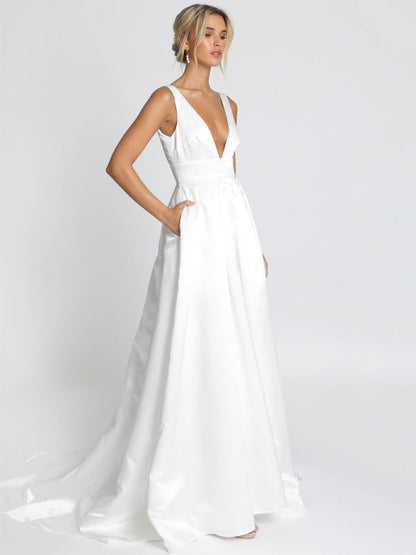 White Simple Wedding Dress Satin V-Neck Sleeveless Backless A-Line Bridal Dresses