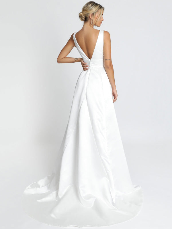 White Simple Wedding Dress Satin V-Neck Sleeveless Backless A-Line Bridal Dresses