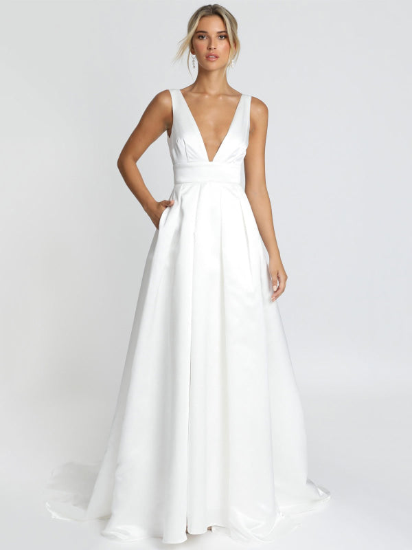 White Simple Wedding Dress Satin V-Neck Sleeveless Backless A-Line Bridal Dresses
