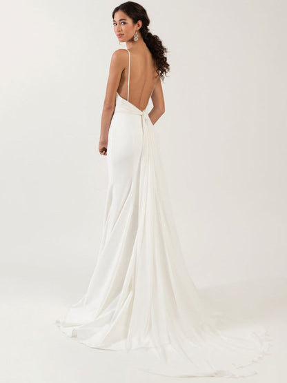 White Simple Wedding Dress Spaghetti Straps Satin V-Neck Sleeveless Ruffles Mermaid Bridal Dresses