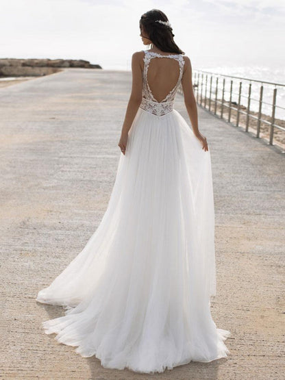 White Simple Wedding Dress V-Neck Sleeveless Backless Lace Chiffon A-Line Bridal Dresses